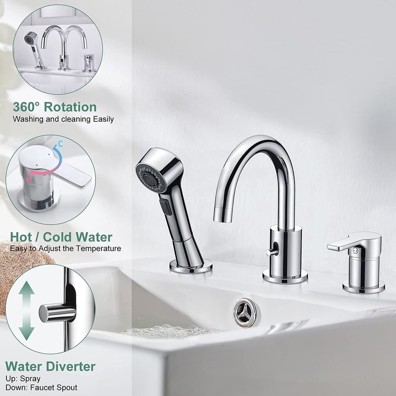 CREA Bathroom Faucet 3 Hole Bathtub Widespread Sink Faucets Chrome with Shower Diverter Pull Out Shower Head Roman Bathtub Waterfall Spout Filler Faucet for Baby Pet Dog Cat Bath Hair Washing - Image 4